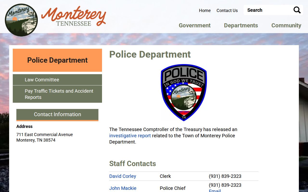 Monterey Police Department official contact page for Putnam County booking-record requests