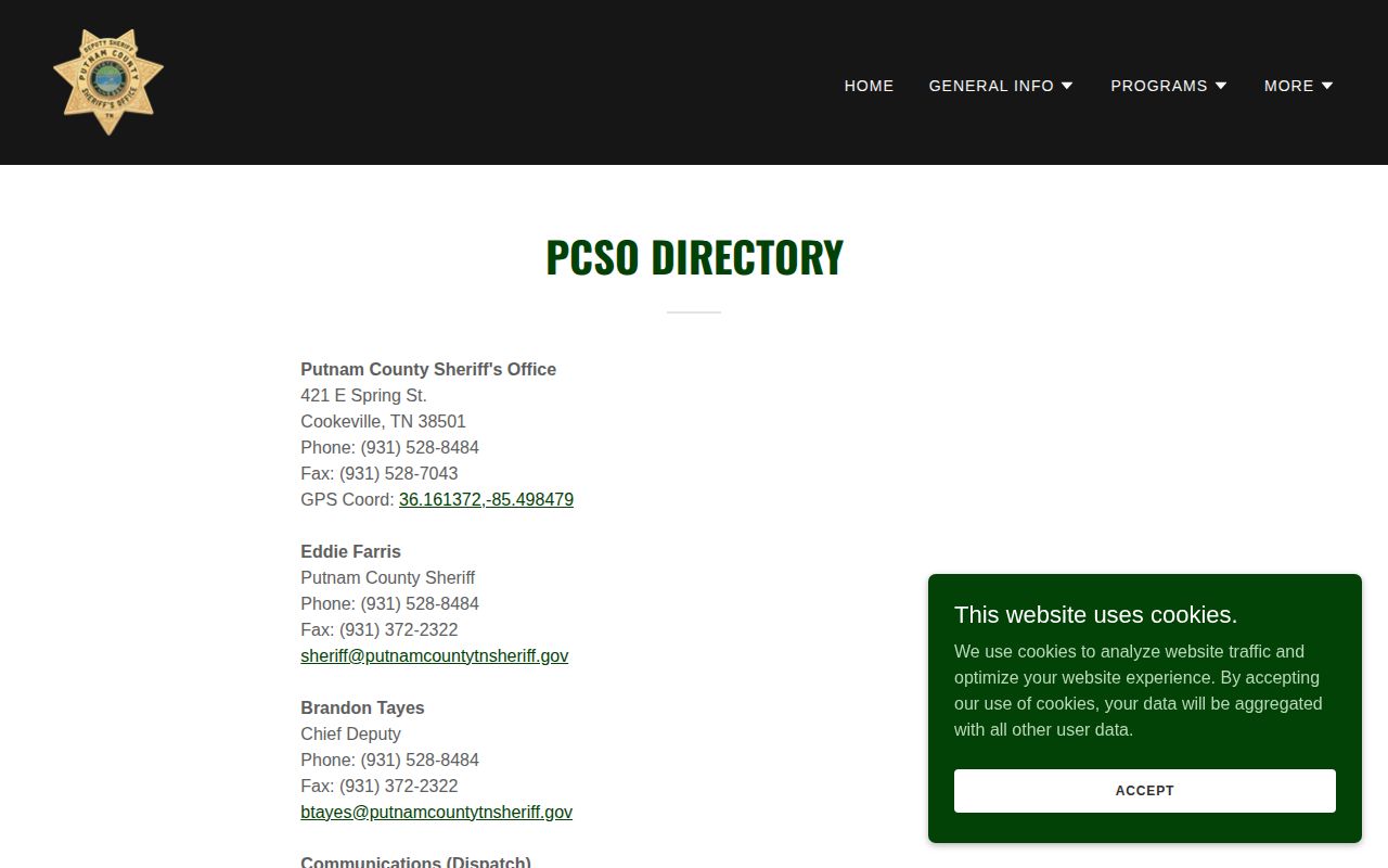Putnam County Sheriff directory warrant division contact information