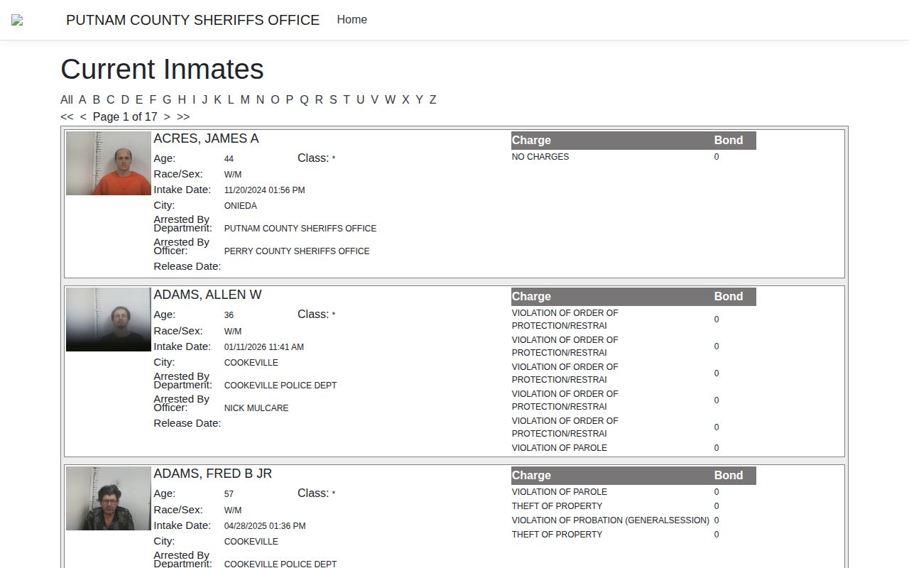 Putnam County official current inmate roster booking-record search